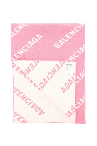 Shop Balenciaga Jacquard Logo Knit Scarf In Pink White