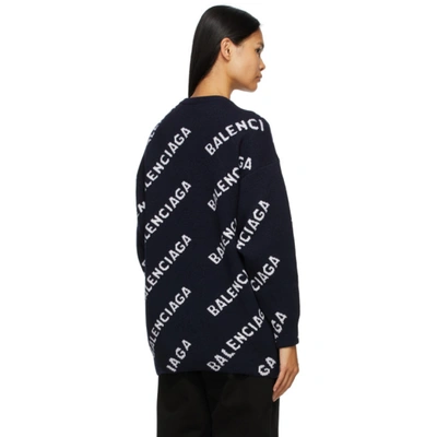 Shop Balenciaga Navy Logo Oversized Crewneck In Navy/white