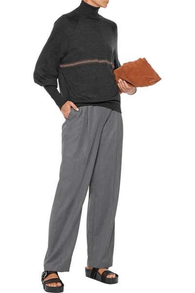 Shop Brunello Cucinelli Bead-embellished Cashmere And Silk-blend Turtleneck Sweater In Charcoal