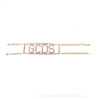 Shop Gcds Gold Metal Choker Ce With Crystals And Logo In Gold-pink