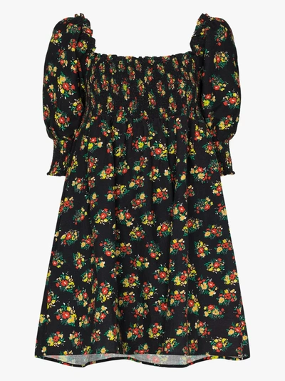 Shop Rixo London Smocked Floral Mini Dress In Black