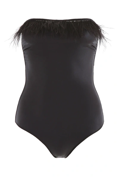 Shop Oseree Swimsuit With Feathers In Black