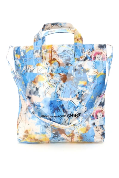 Shop Comme Des Garçons Shirt Tote Bag Futura Print In Light Blue,white,yellow