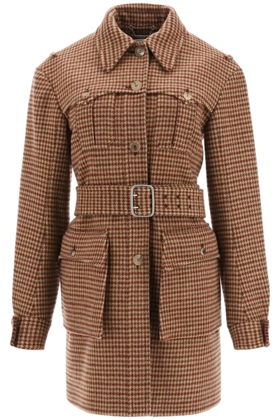 Shop Chloé Houndstooth Wool Coat In Brown/red/beige