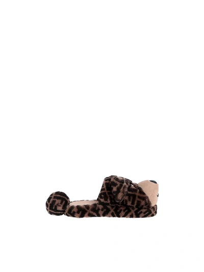 Shop Fendi Jr Brown Sheepskin Slippers