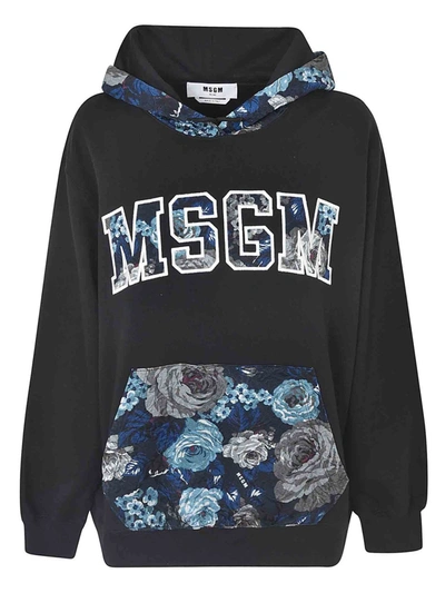 Shop Msgm Black Hoodie With Floral Details