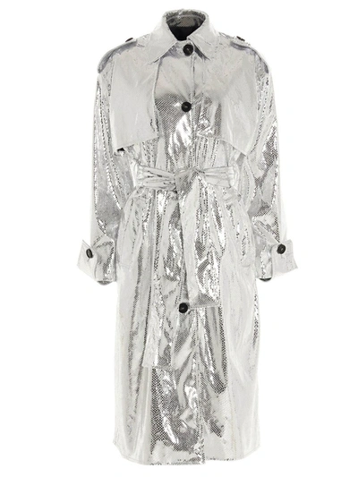 Shop Msgm Laminated Trench Coat In Silver Color