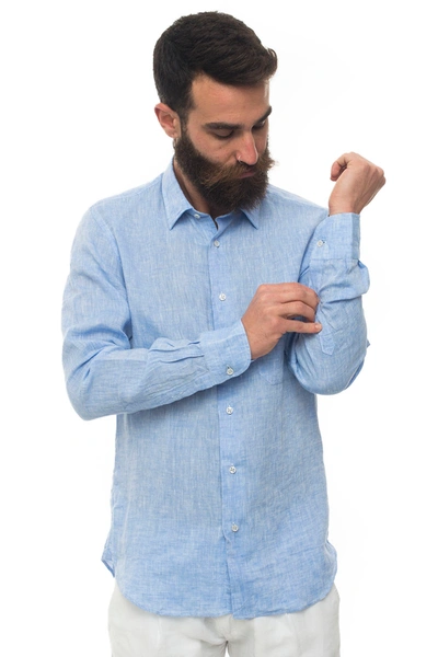 Shop Vincenzo De Lauziers Long-sleeved Linen Shirt Sky Blue Linen Man