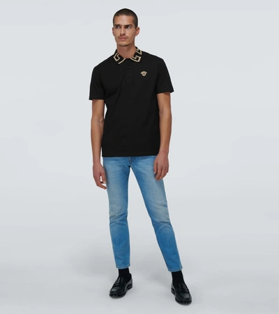 Shop Versace Greca Collar Polo Shirt In Black