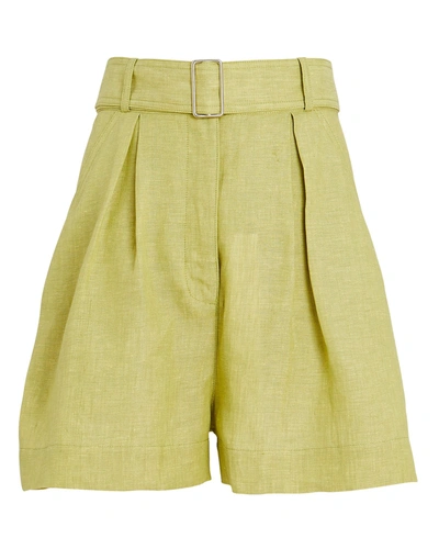 Shop Matthew Bruch Pleated Linen High-rise Shorts In Light Green