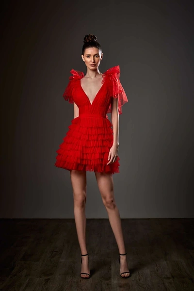 Shop Ziad Germanos Flutter Sleeve A-line Mini Dress