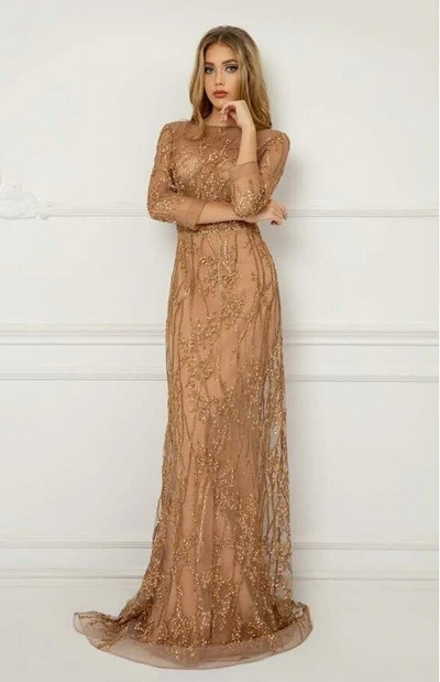 Shop Cristallini ¾ Sleeve Embroidered Tulle Gold Gown