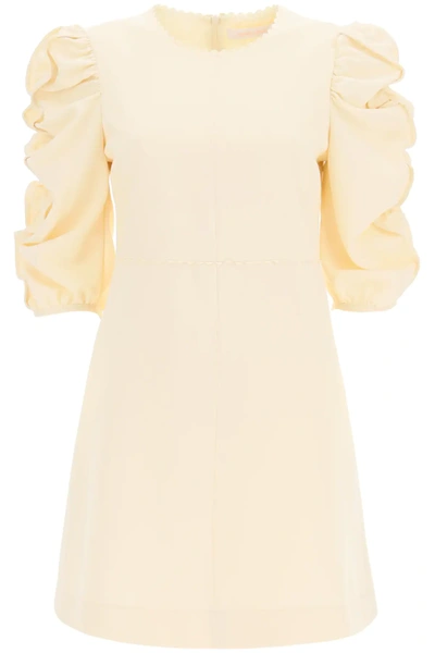 Shop See By Chloé Short Dress With Gathered Sleeves In Beige