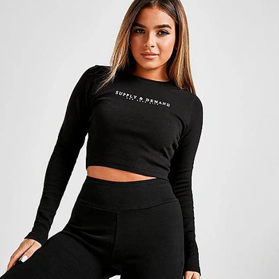 Shop Supply And Demand Women's Lander Rib Crop Long-sleeve Shirt In Black/white