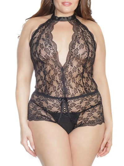 Shop Coquette Plus Size High Neck Crotchless Teddy In Black
