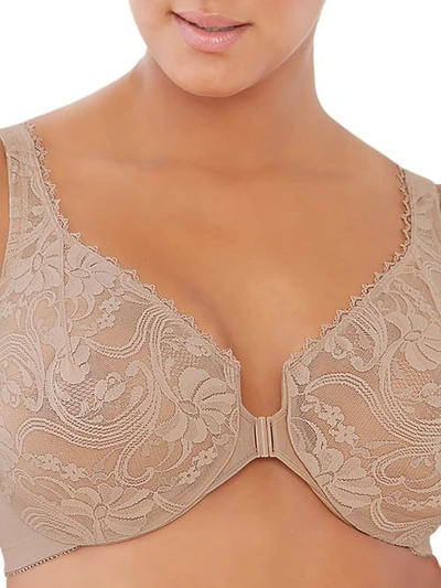 Shop Glamorise Wonderwire Front-close Stretch Lace Bra In Cafe