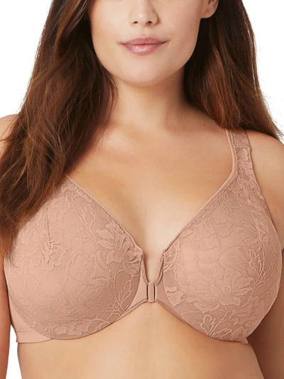 Shop Glamorise Wonderwire Lacey T-back Front-close Bra In Cappuccino