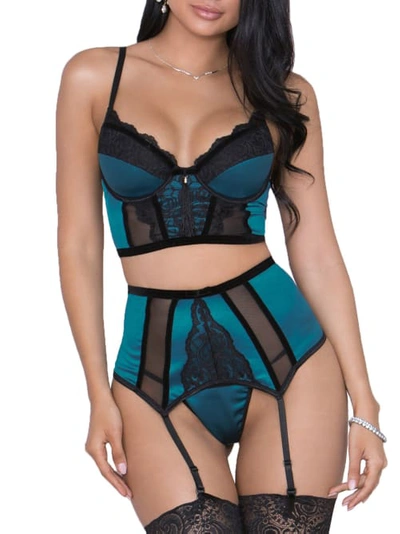 Icollection Satin & Lace Longline Garter Set In Teal