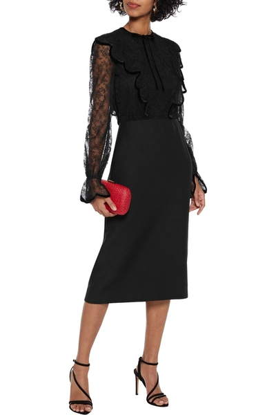 Shop Valentino Chantilly Lace-paneled Wool And Silk-blend Crepe Midi Dress In Black
