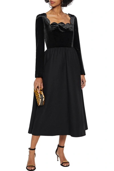 Shop Valentino Scalloped Velvet-paneled Wool And Silk-blend Crepe Midi Dress In Black