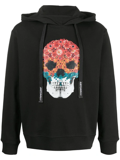 Shop Just Cavalli Floral Print Skull Hoodie In Black