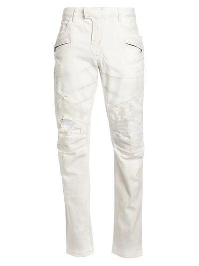 Shop Balmain Men's Tapered Distressed Biker Jeans In White