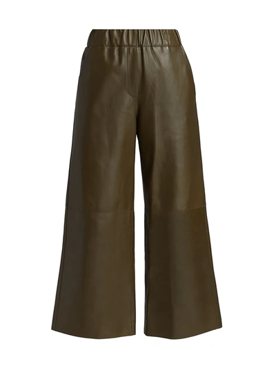 Shop Loewe Cropped Wide-leg Leather Trousers In Khaki Green