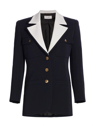 Shop Saint Laurent Women's Bi-color Tailored Wool Jacket In Marine