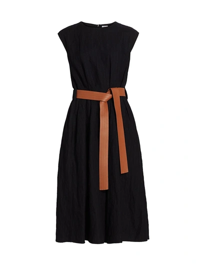 Shop Loewe Leather Belted Cotton & Wool Midi Dress In Black