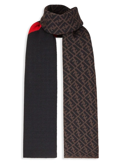 Shop Fendi Diagonal Ff Logo Wool Scarf In Grey Brown Red