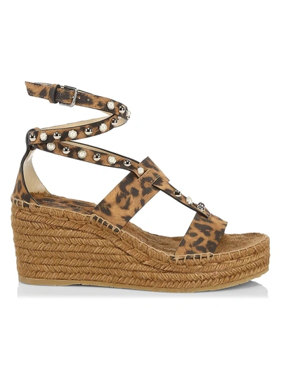 Shop Jimmy Choo Danica Embellished Leopard-print Leather Espadrille Platform Wedges In Natural