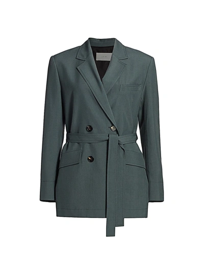 Shop Lvir Pleasant Utility Wool Belted Double Breasted Jacket In Blue Green