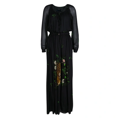 Pre-owned Class By Roberto Cavalli Black Leopard Figure Floral Print Long Sleeve Maxi Dress S