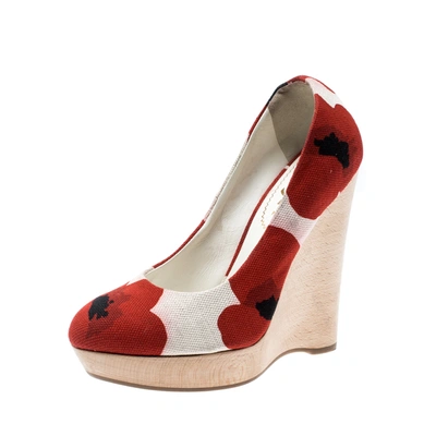 Pre-owned Saint Laurent Red And White Printed Canvas Wedge Platform Pumps Size 35.5