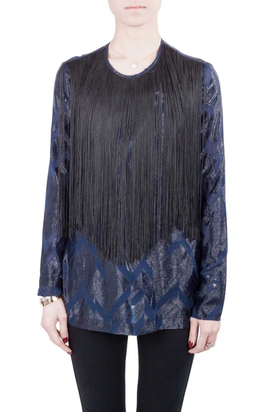 Pre-owned Yigal Azrouël Navy Blue Chevron Pattern Silk Fringe Detail Blouse S