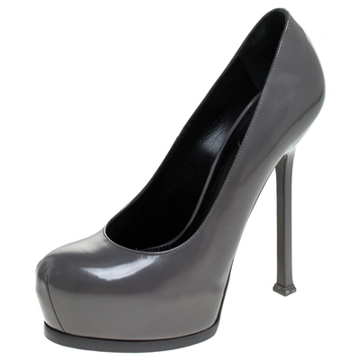 Pre-owned Saint Laurent Grey Patent Leather Tribtoo Platform Pumps Size 37