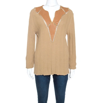 Pre-owned Class By Roberto Cavalli Tan Rib Knit Leather Trim Top Xxl