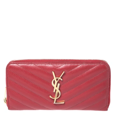 Pre-owned Saint Laurent Red Leather Monogram Zip Around Wallet