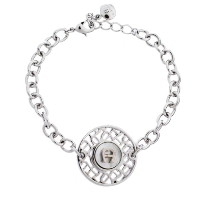 Pre-owned Aigner Silver Tone Mother Of Pearl Logo Bracelet