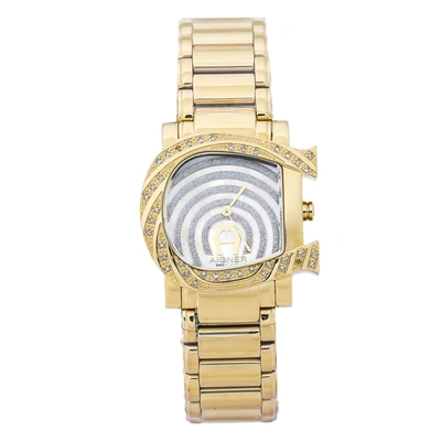 Pre-owned Aigner White Mother Of Pearl Gold Plated Stainless Steel Diamonds Genua Due A31600 Women's Wristwatch 31 Mm