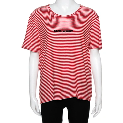 Pre-owned Saint Laurent Red & White Striped Knit Logo Detail T Shirt M