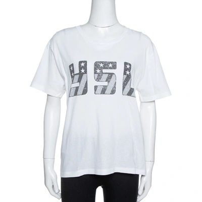 Pre-owned Saint Laurent White Ysl Print Cotton Crew Neck T-shirt M