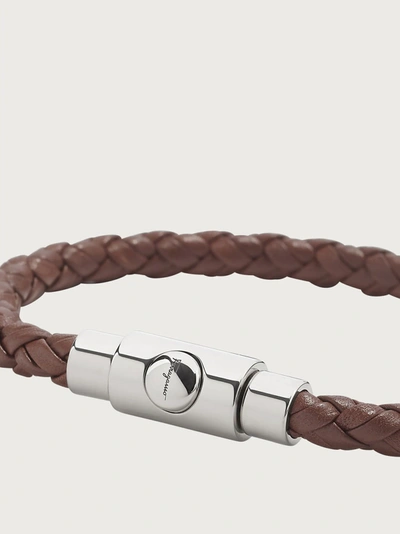 Ferragamo Braided Leather Bracelet With Palladium Finishing In Brown