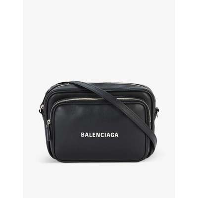 Shop Balenciaga Black L White Logo-patch Zipped Leather Camera Bag