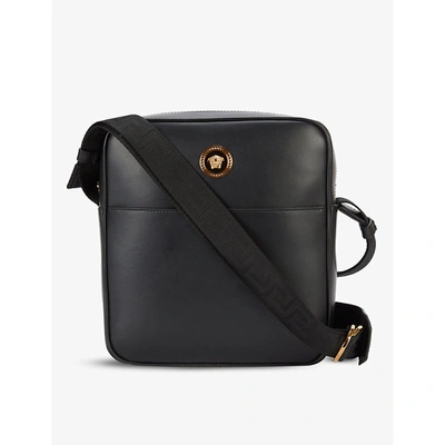 Shop Versace Medusa Head Leather Messenger Bag In Black Warm Gold