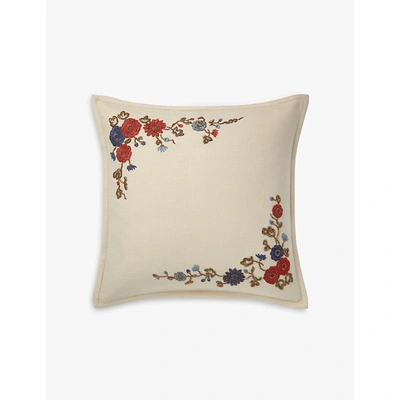 Shop Ralph Lauren Remy Floral-embroidered Linen Cushion Cover 50x50cm In Cream