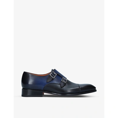 Shop Santoni Carter Leather Double-buckle Monk Shoes In Blue/dark