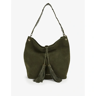 Shop Ted Baker Paila Suede Hobo Shoulder Bag In Khaki