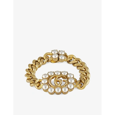 Shop Gucci Gg Marmont Pearl-embellished Gold-toned Bracelet