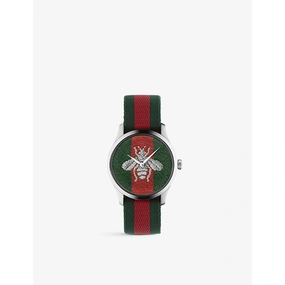 Shop Gucci Ya1264148 G-timeless Nylon And Stainless Steel Watch In Green